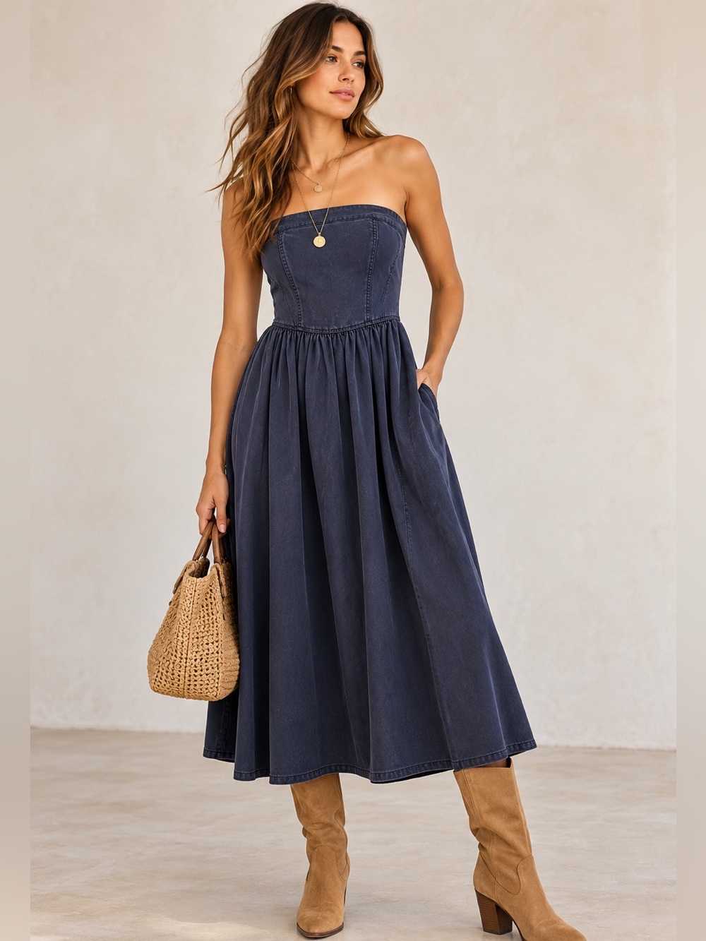 Young Fabulous & Broke Strapless Corset Midi Dress L Navy NWT Basque Waist